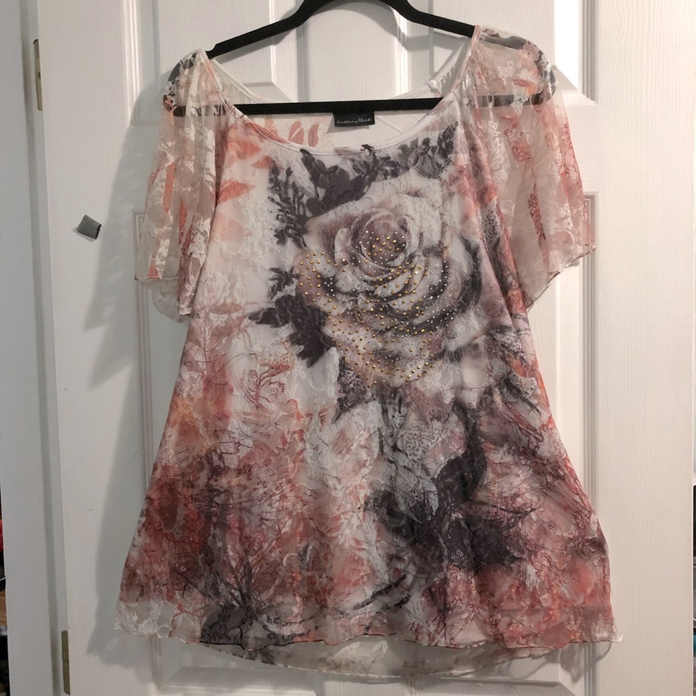 Printed bling lace covered T-shirt